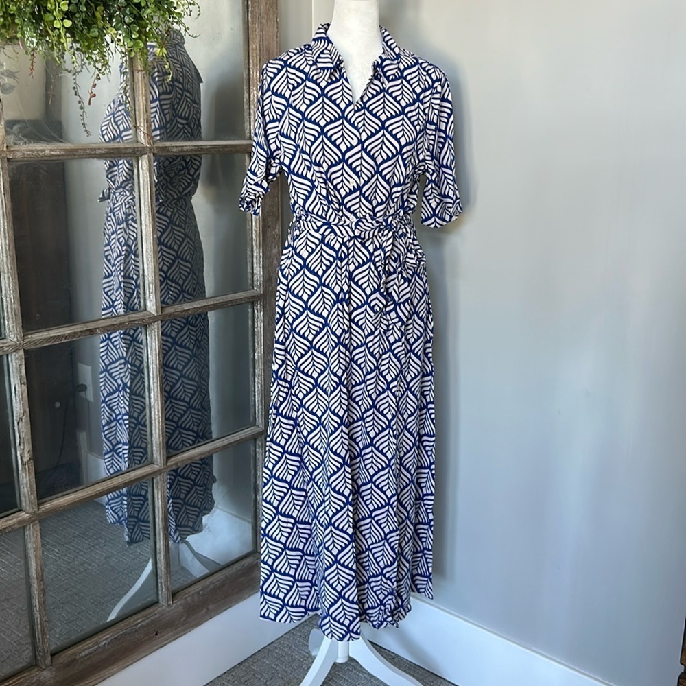 JDY tie waist midi shirt dress in blue print S